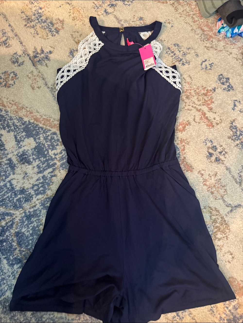 Lilly Pulitzer Navy Romper with White Lace Trim